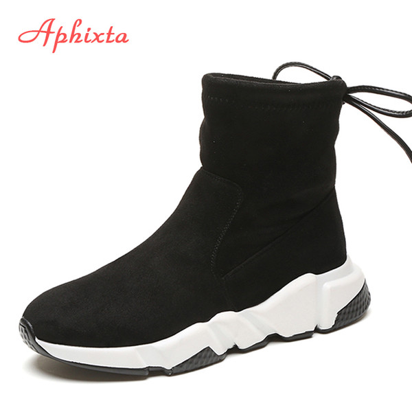 Aphixta Shoes Women Height Increasing Ankle Boots Pointed Toe Shoelaces Slip-On Ladies Mujer Winter Snow Cow Suede Woman Shoes