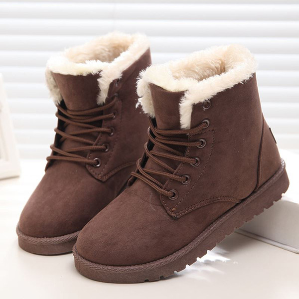 2019 Women's Winter Ankle Snow Boots Warm Plush Lace Up Plus Size Ladies Fur Suede Flat Black Shoes Female Classic Fashion Footwear