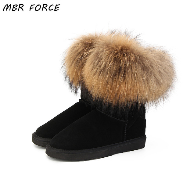 MBR FORCE Fashion Women's Natural Real fox Fur Snow Boots 100% Genuine Cow Leather women Boots Female Warm Winter Boots Shoes