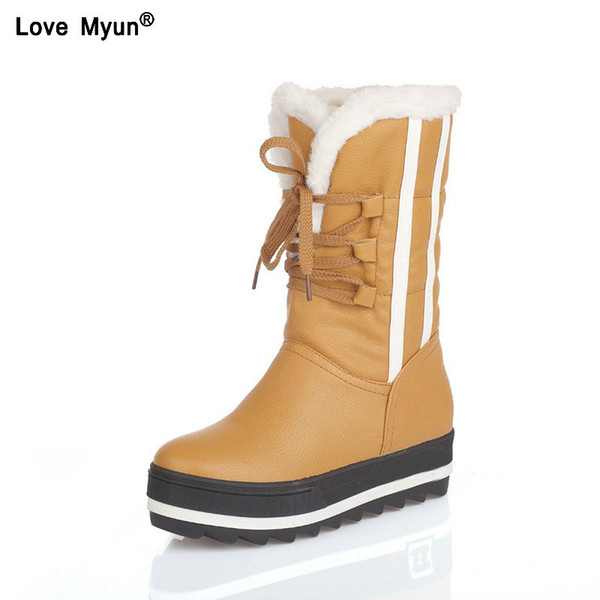 Flat Platform Women Snow Boots Waterproof Winter Warm Shoes Casual Plush Leather Mid-Calf Boots Female Plus Size Shoes yhj89