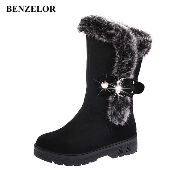 BENZELOR Autumn Winter New Platform With Faux Fur Fashion Women Shoes Woman Boots Snow Warm Femme Ladies Boot Black Red F6