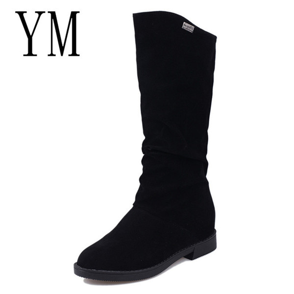 2019 Autumn Spring Women Boots Matte Flock Boots For Female Ladies Height Increased Low Heel Shoes Lady Mid Calf High Boots plue 40