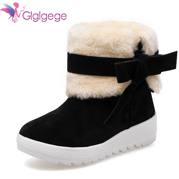 2019 Glglgege New Warm Snow Boots Winter Female Ankle Boots Warmer Plush Bowtie Fur Suede Rubber Flat Slip On Platform Women's Shoes