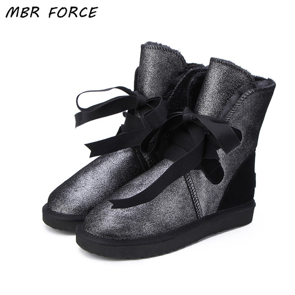 MBR FORCE Australia Classic Fashion Women Lace Up Snow Boots Genuine Cowhide Leather Winter Boots Fur Warm Women Boots