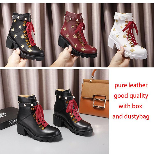 Luxury pearl leather buckle Martin boots lady women's head leather thick heelred lace boots leather woman in winter new style