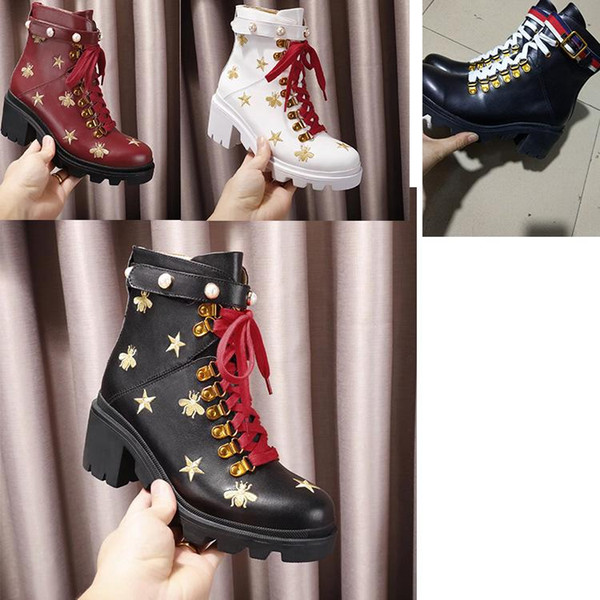 Embroidered bee Martin boots female British style Paris luxury star Pearl buckle locomotive short boots red lace