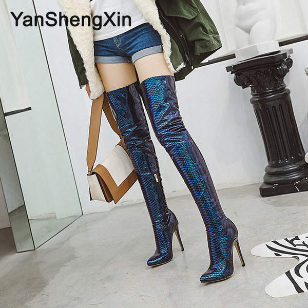 Customizable Size Over the Knee Shoes Woman Boots Patent Leather Snake Sexy Boots High Heels 11.5CM Ladies Booties High Leg Boots