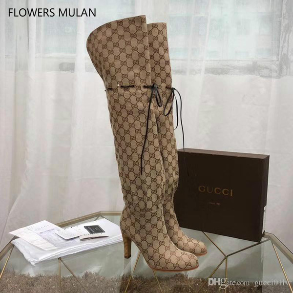 autumn and winter brand new women's luxury rope drawstring canvas high-heeled shoes knee high boots high boots #1110905