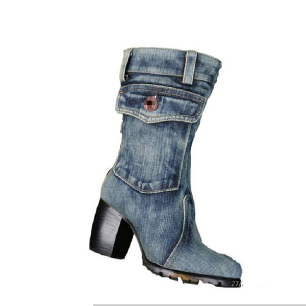 Women Thick Heels Blue Denim Half Boots Lady Winter Short Plush Thick Warm Mid Calf Crystal Knight High Boots Plus Size 40 41 42