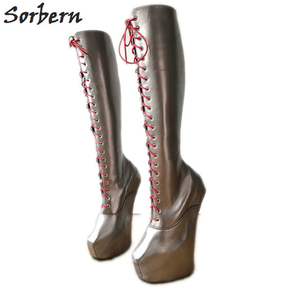 Sorbern Grey Heavy Hoof Heelless Boots Knee High Thick Platform Custom Wide Fit Heels Sexy Fetish Boots Unisex Role Play Boots