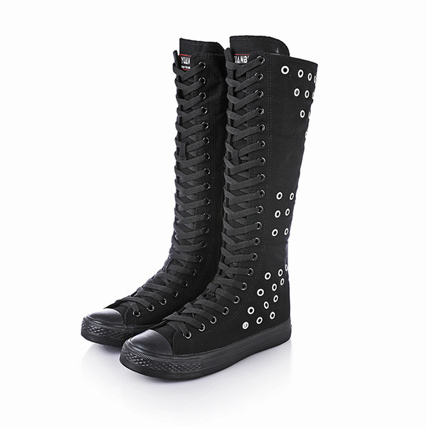 High-top canvas shoes fashion women's boots hollow autumn vents with side zipper women high boots dance shoes. XZ-106