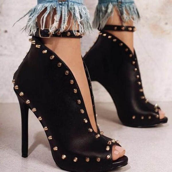 Autumn Women Shoes Peep Toe Booties High Heels Women's Shoes Ankle Boots Rivets Buckle Motorcycle Women's Boots Black