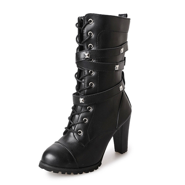 New side zipper rivet shoes women with the thick boots high heel boots large size. XZ-072