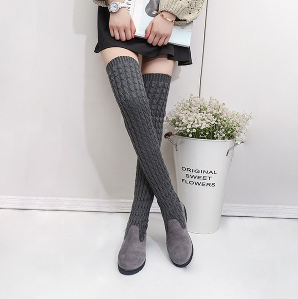 2018 Autumn winter New Women Knee Boots Knitting wool Flat bottom Pass the knee Elastic force Martin boots Fashion casual shoes A186