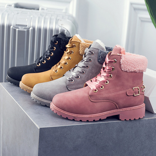 New Pink Women Boots Lace up Solid Casual Ankle Boots Martin Round Toe Women Shoes winter snow boots warm british style Martin