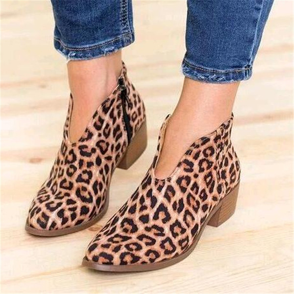 Women Shoes 2019 Leopard Print Sexy Pointed Toe Ankle Boots Slip on Deep V High Heel Lady Party Dress Shoes