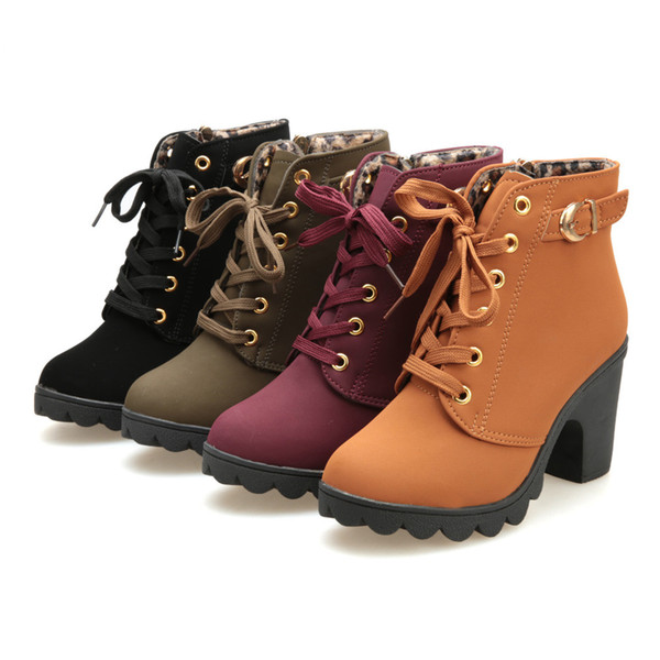 Womens Boots Fashion High Heel Lace Up Ankle Boots Ladies Buckle Platform Shoes Winter Warm Fur PU Leather Boots Sep bottines