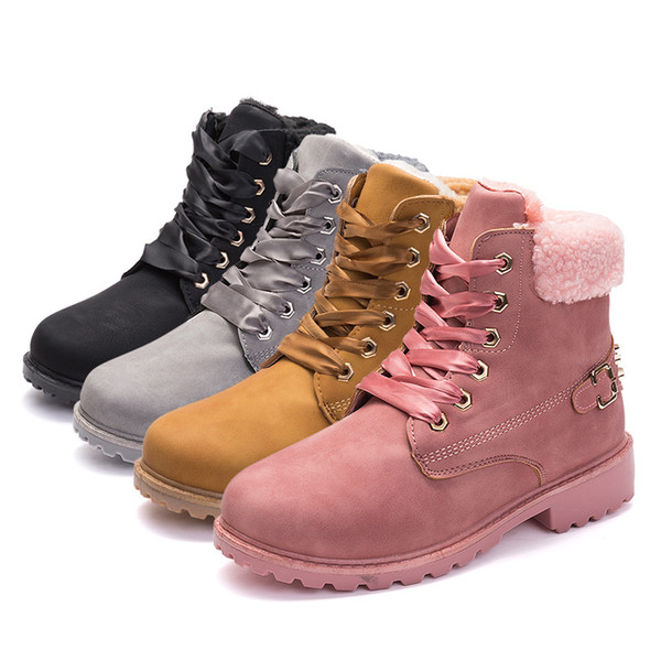 2019 New Pink Women Boots Lace up Solid Casual Ankle Boots Martin Round Toe Women Shoes winter snow boots warm british style