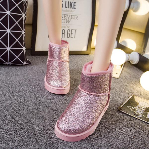 Women Snow Boots Bling Female Short Boot Warm Flat Shoes Casual Slip On Footwear Ladies Sewing Fashion Thick Cotton Botas