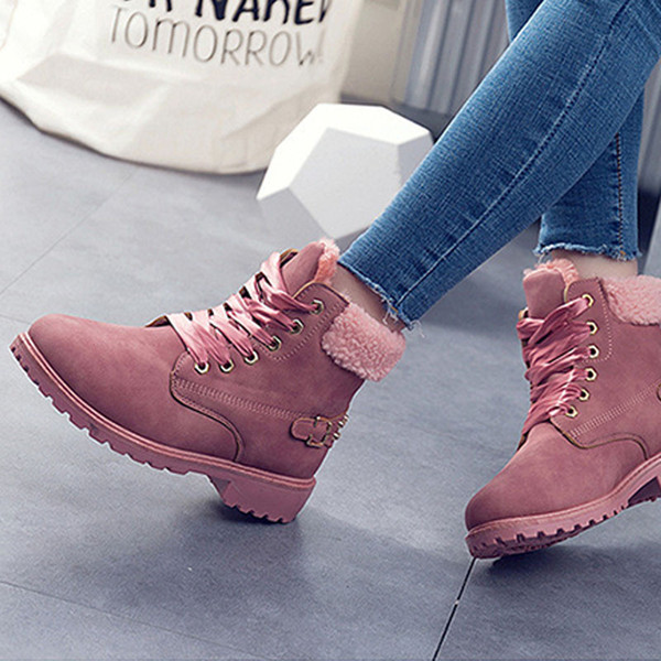 HOT SALE!!New Pink Women Boots Lace up Solid Casual Ankle Boots Martin Round Toe Women Shoes winter snow boots warm british style