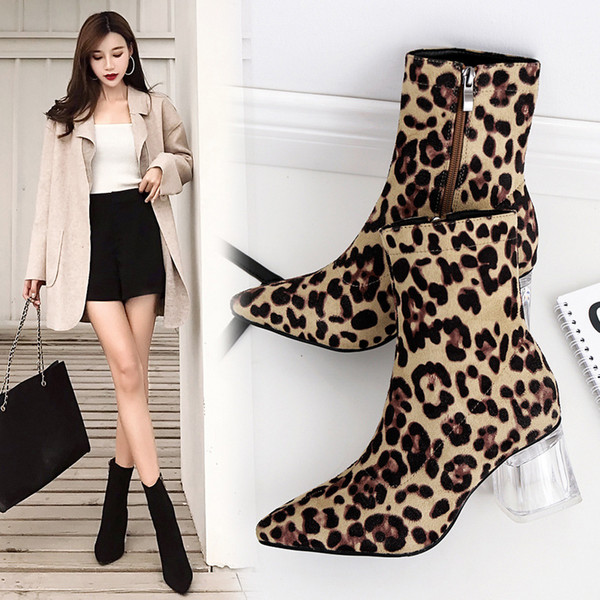 Women Shoes Leopard Print Sexy Pointed Toe Ankle Boots Slip on Deep V High Heel Lady Party Dress Shoes Haneda shoes