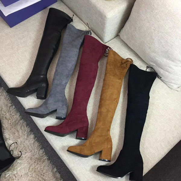 5050 BOOT loong Winter knee high heel boots autumnElastic velvet straps thick heel 6.5cm high barrel thin legs flat bottom female boots