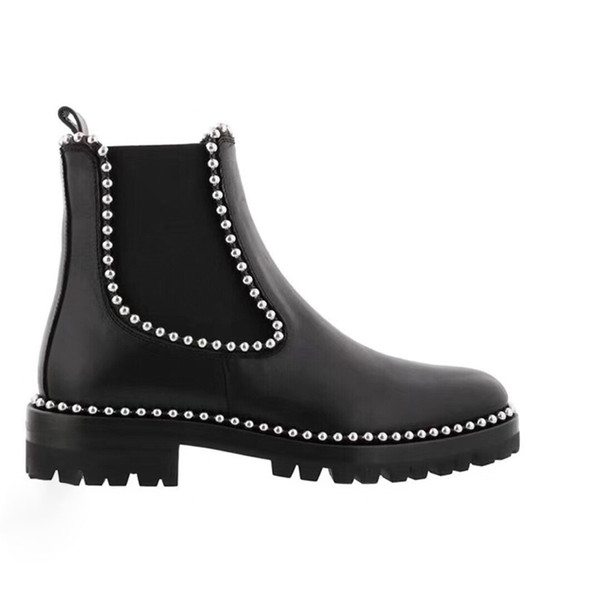 New European rivet Beaded boots ladies handsome short barrel leather stitching elastic cloth Martin boots calf leather