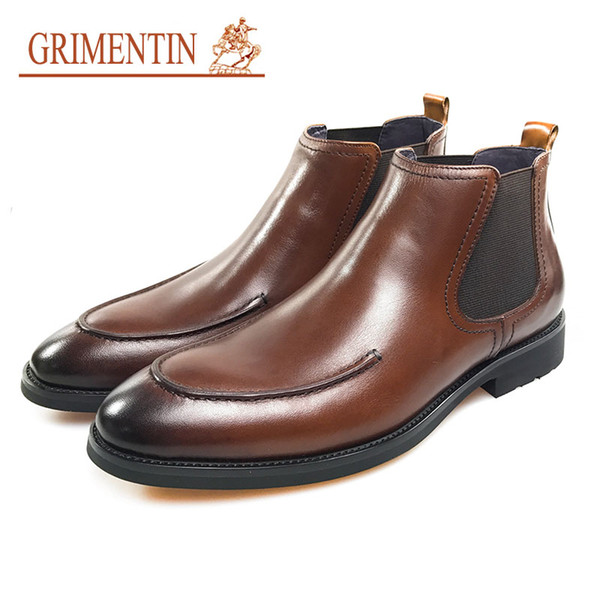 GRIMENTIN Hot sale brand men ankle boots 100% genuine leather slip-on black brown dress mens boots fashion formal business male shoes CG