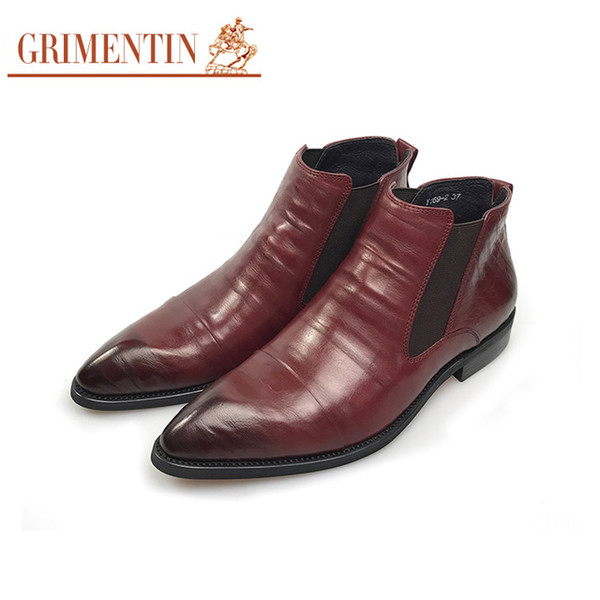 GRIMENTIN Hot sale brand mens boots genuine leather brown-red dress mens ankle boots Italian fashion pointed toe formal business mens shoes