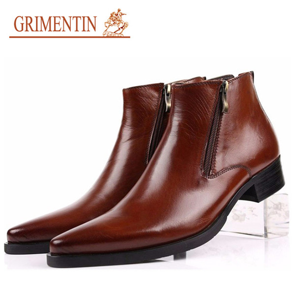 GRIMENTIN Hot sale brand mens boots genuine leather pointed toe business formal black brown men ankle boots fashion Large size male shoes