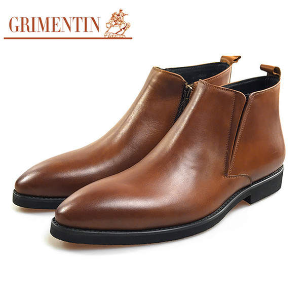 GRIMENTIN Hot sale brand mens boots with zipper high quality leather black brown formal mens ankle boots fashion business leather mens shoes