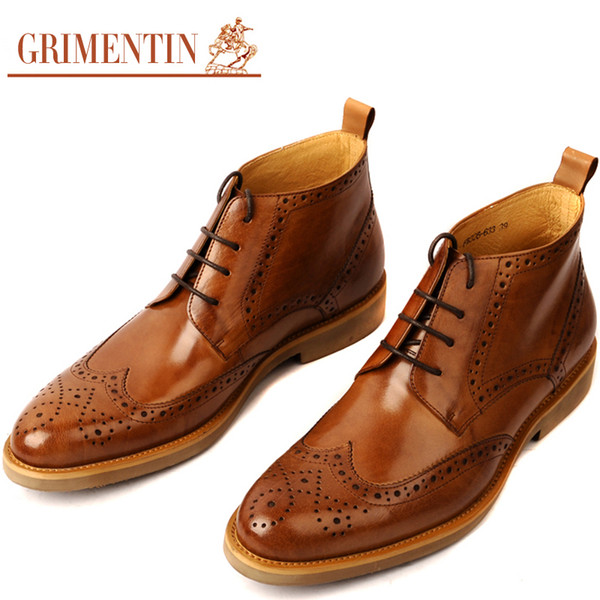 GRIMENTIN Hot Sale Brand Mens Boots Genuine Leather Vintage Wingtip Carved Lace Up Dress Men Ankle Boots Fashion Black Orange Male Shoes