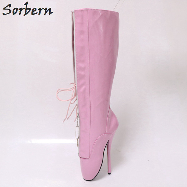 Sorbern Knee High Boots For Women Ballet Heels Pink Shiny Lace Up Dominatrix Crossdressed Heels Stilettos Keys Shoes Custom color Unisex