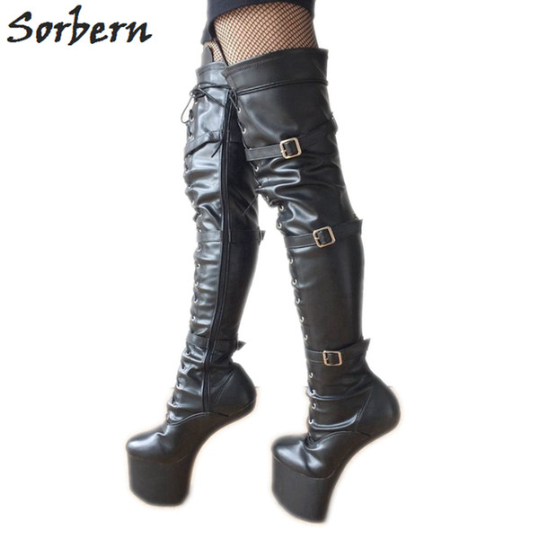 Sorbern Hoof Sole Heelless Over The Knee Crotch High Boots For Women Buckle Straps Designer Brand Platform Crotch Hi shoes Black Matt Boot