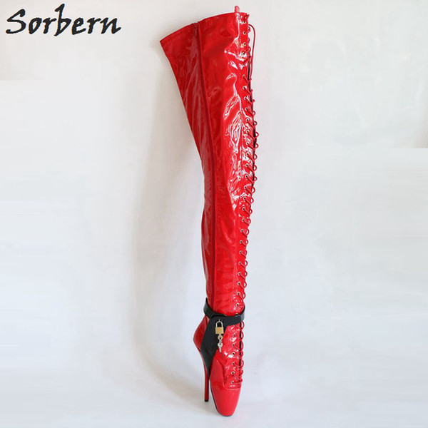 Sorbern Sexy Red Lock Inside Ballet Heels Boots Women Over The Knee High Thigh Ballet Boots Fetish Pain Patent Custom Circumfere