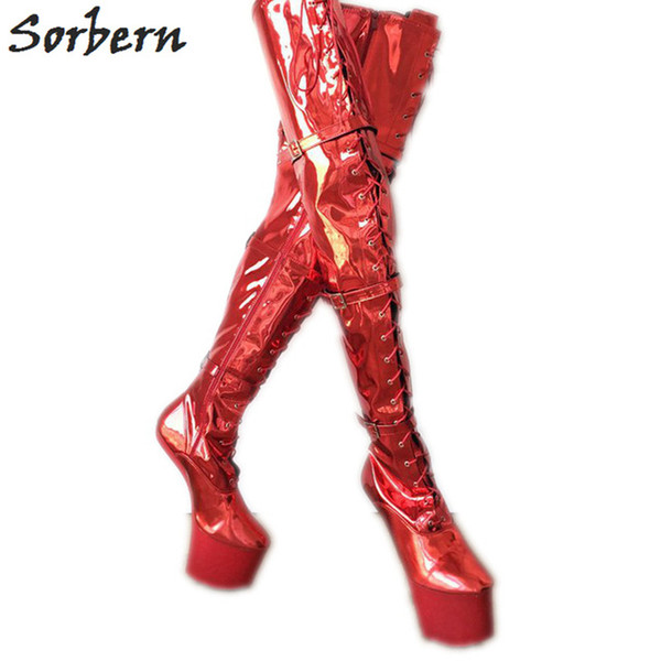 Sorbern Red Metallic Over The Knee Boots Custom Made For Women Sexy Fetish High Heels Thick Hoof Sole Heelless Platform Crotch Hi Boots 