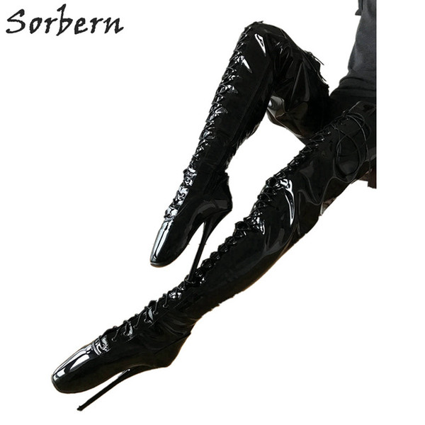 Sorbern Sexy Fetish High Heel Boots Unisex Crotch Ballet Stiletto Custom Order Black Patent Boots 18cm Plus Size Designer Lace-Up Shoes