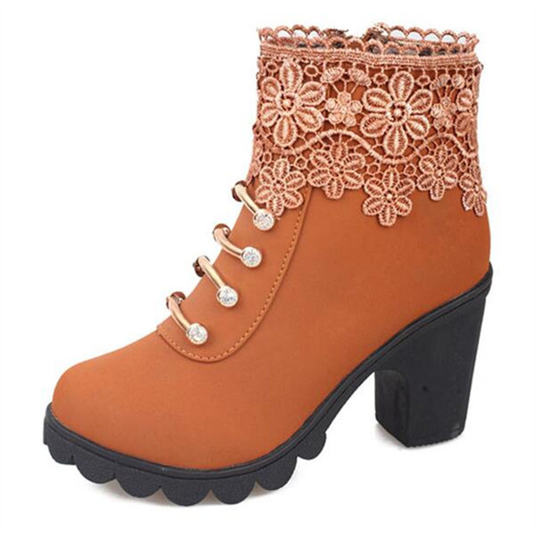 2019 Autumn and winter fashion women's boots PU leather round head sexy lace ladies high heel women's shoes zipper X08