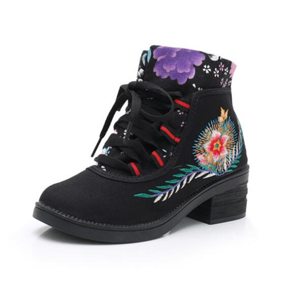 Autumn Women's Shorts Colorblock Boots Cotton Embroidered Lace Casual Single Embroidered Boots Canvas Wedges X44