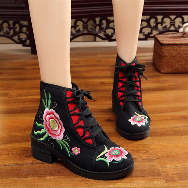 Cotton embroidered women's casual canvas short-sole thick boots national wind ladies autumn shoes lace Zapato Mujer X28