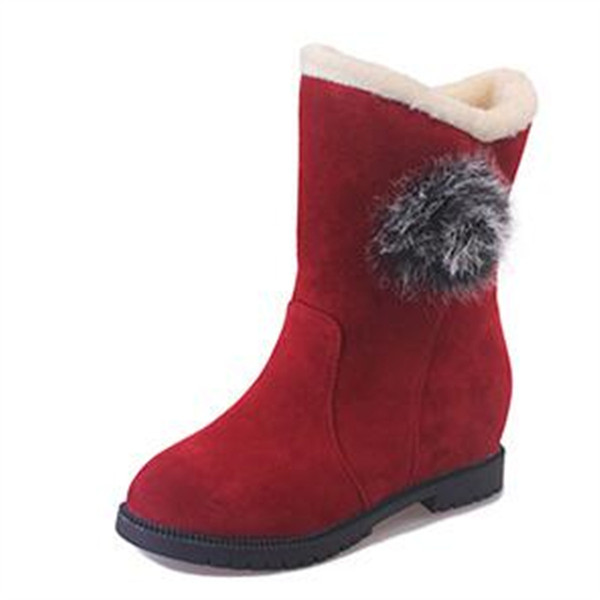 Boots Women Warm Red Boots Female Flock Mid-Calf Fur Winter Boots Female Slip On Flat With Student Shoes Botas Mujer X55