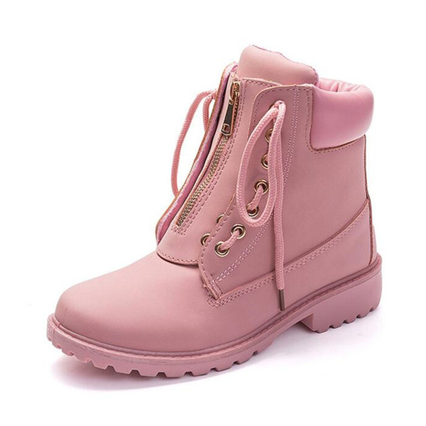 Fashion European Pink Black Cross-tied Ankle Boots Flats Square Heel Zip Martin Boots PU Leather Woman Shoes Botas Female X39