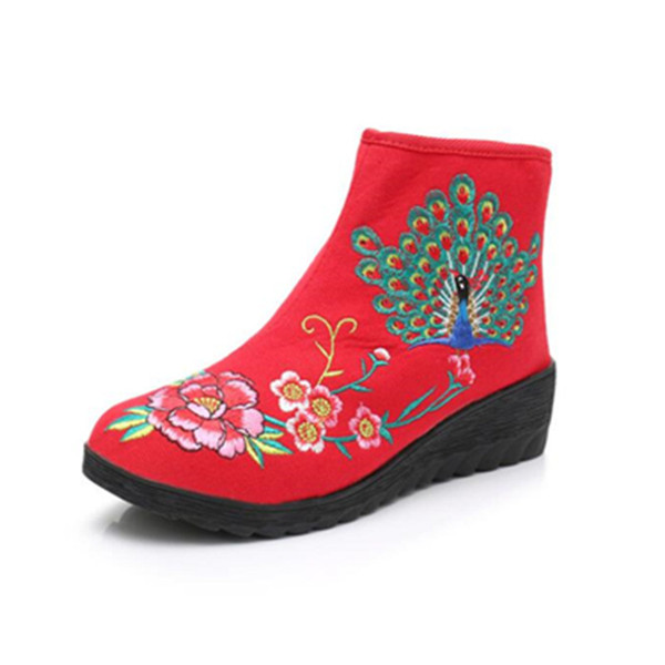 Autumn new women's boots peacock embroidery canvas ladies zipper soft warm ankle boots Botas Mujer X29