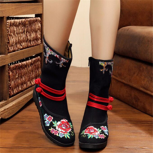 Autumn women's boots flower embroidered canvas short ankle boots soft boots zipper slope with wild Botas Mujer X26