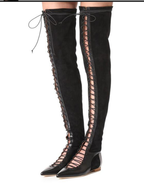 Zapatos Mujer Spring Fashion Knight Boots Sexy Lace Up Patchwork Leather And Suede Black Flat Boats Women Shoes Thigh High Boots