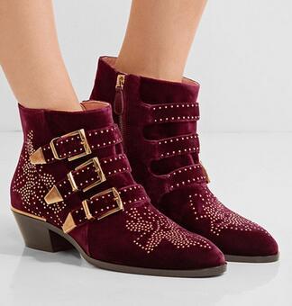 Hot 2017 Rivets Studded Woman Ankle Boots Fashion Brand Buckle Strap Suede/Leather Short booties Round Toe Rome Botas Zapatos Mujer