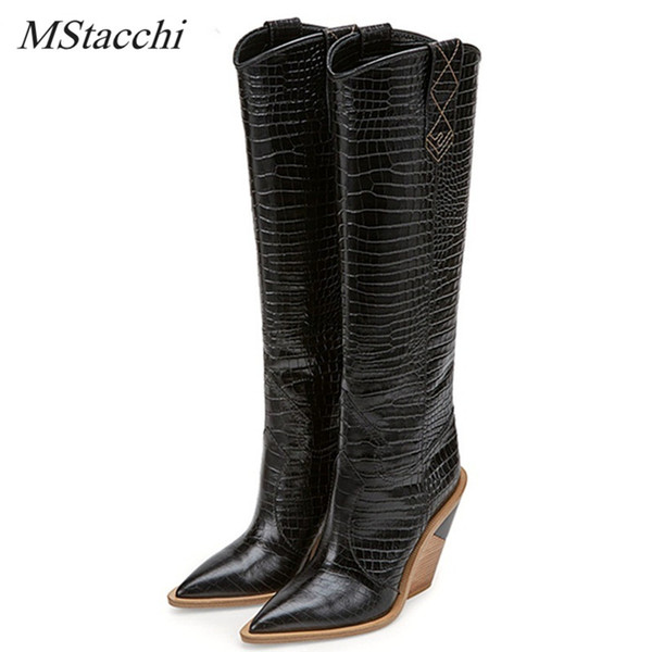 MStacchi Brand Embossed Runway Shoes Woman Knee High Boots Pointed Toe Western Cowboy Boots Chunky Wedge Slip On Snakeskin