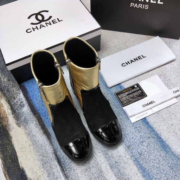 Ch@nel Brand Womens Boots with Outside Zipper Patchwork Design Mid Calf Lady Shoes France Luxury Shoes with Origin Logo and Box Drop Ship