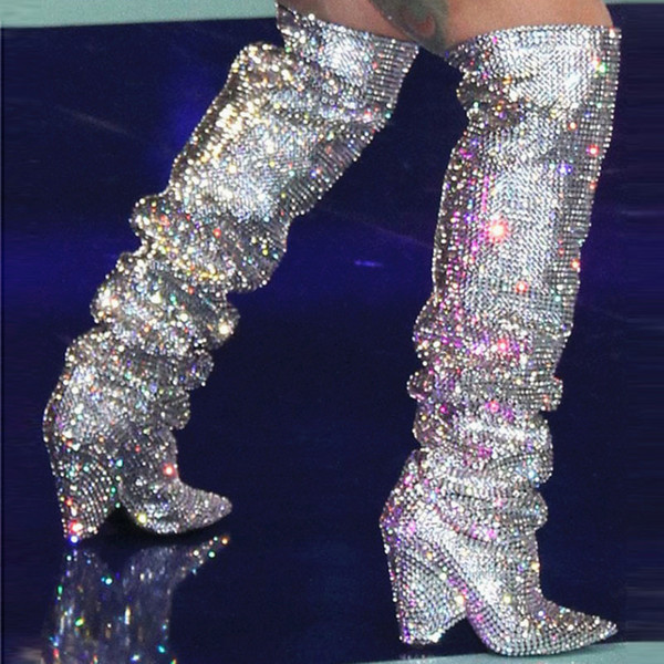 Sxzyqfw Sexy Long Crystal Boots Runway Knee High Boots For Women Bling Luxury Rhinestones Pointed Toe High Heel Woman