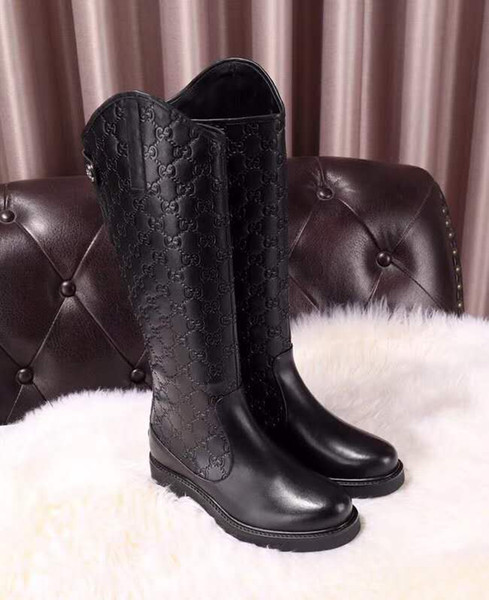 New Fashion Luxury Designer Women's Boots Autumn Embossed Leather 16-inch Boots Flat-bottomed Comfort Zipper Official Website 1:1 size 35-41